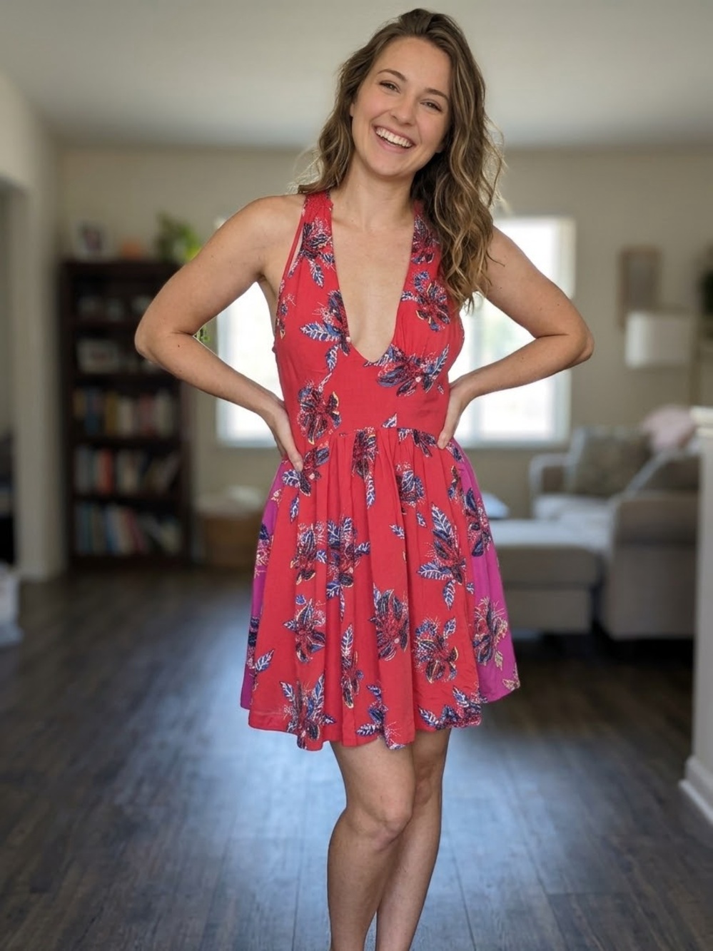 Free People Women's Lge Medium Red Pink Floral Boho Sleeveless Summer Mini Dress